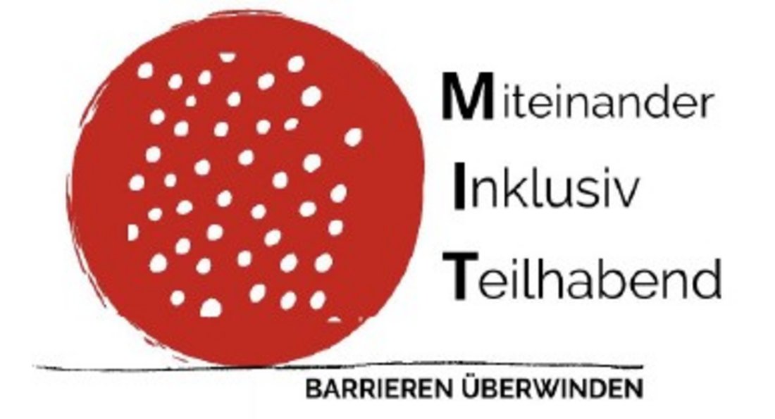 Logo des Landesaktionsplans der aus einem Kreis und vielen Punkten besteht. Im Logo findet sich eine Text: Miteinander, inklusiv, teilhabend. 