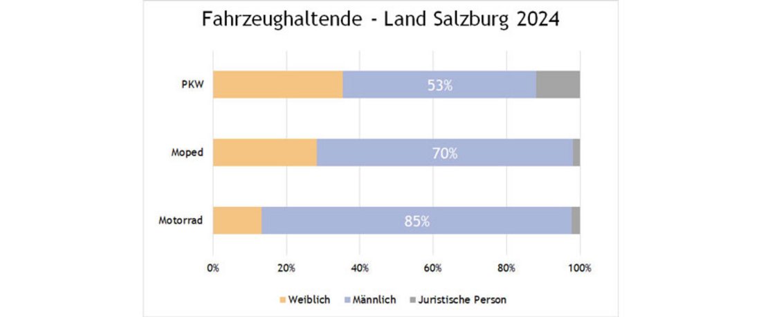 Grafik über die Anteile der Fahrzeughalter ausgewählter Fahrzeuge nach Geschlecht. 85% der Motorräder sind auf Männer zugelassen. Bei Mopeds reduziert sich der Anteil auf 70% und Bei PKW dann auf nur noch 53%.